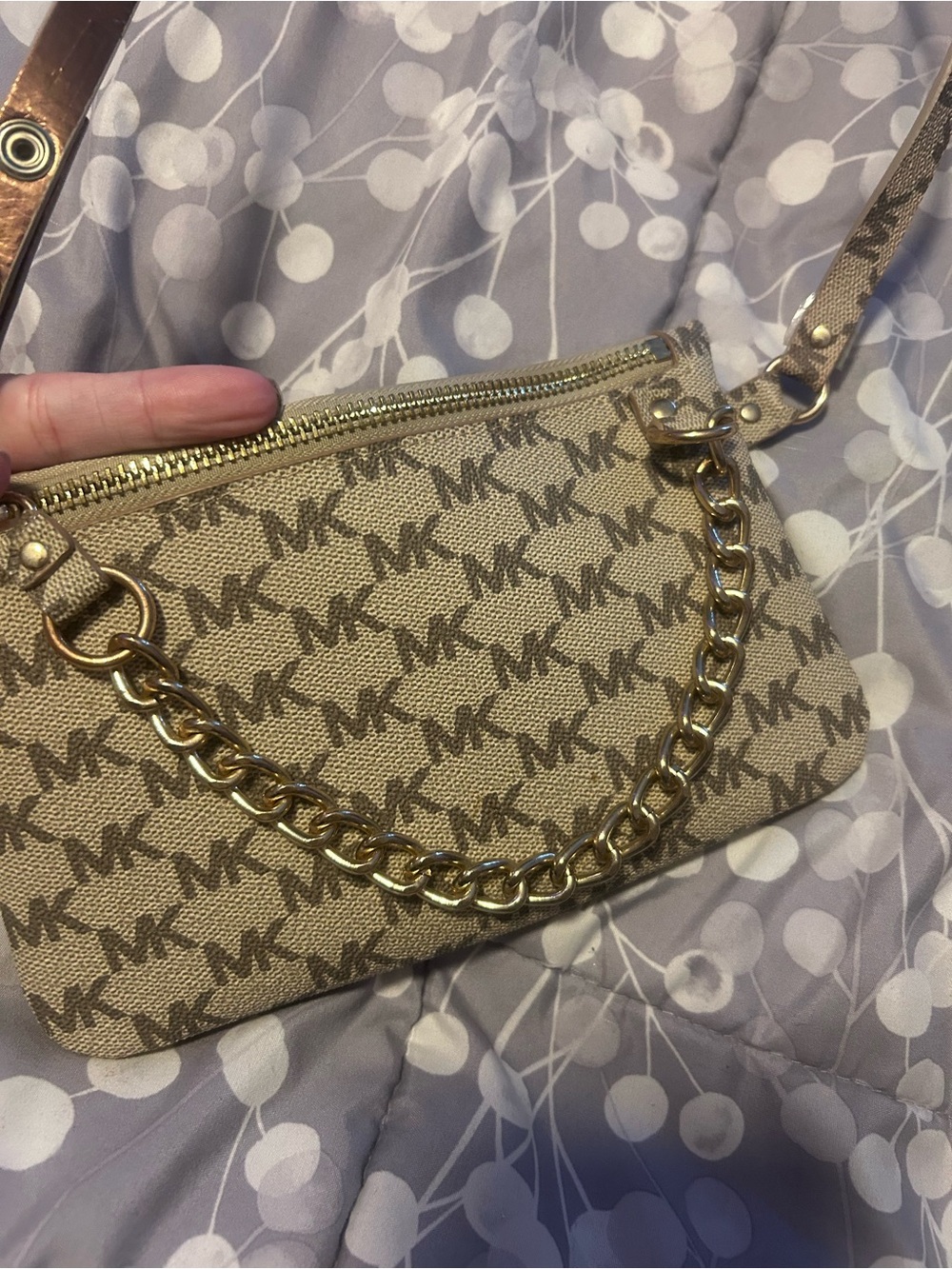 Michael Kors Tan Logo Mini Crossbody with Gold Chain